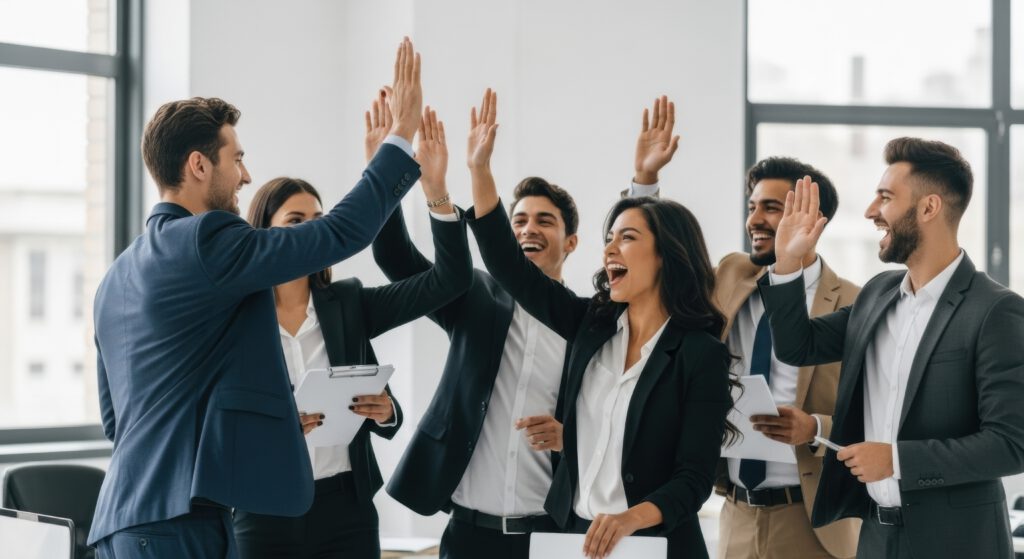 a diverse and excited business team celebrating a victory with a group high five. happy colleagues cheering for a shared success in the office.