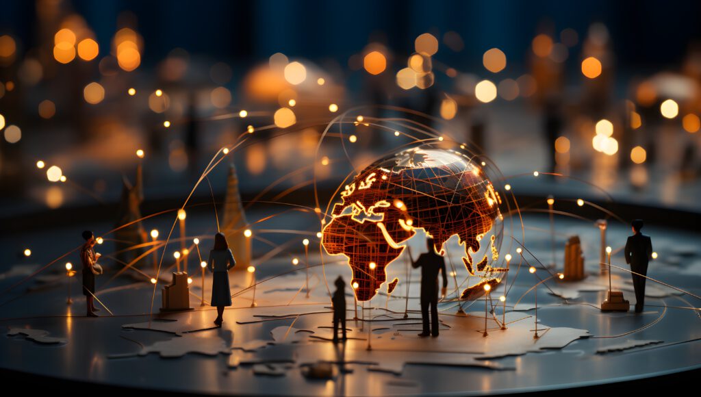 a miniature planet showcasing continents with tiny figures of people standing around it, symbolizing international business collaboration, the exchange of money, and the integration of technology.