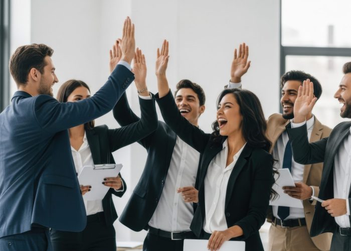 a diverse and excited business team celebrating a victory with a group high five. happy colleagues cheering for a shared success in the office.