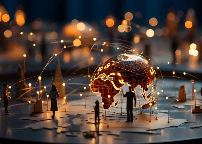 a miniature planet showcasing continents with tiny figures of people standing around it, symbolizing international business collaboration, the exchange of money, and the integration of technology.